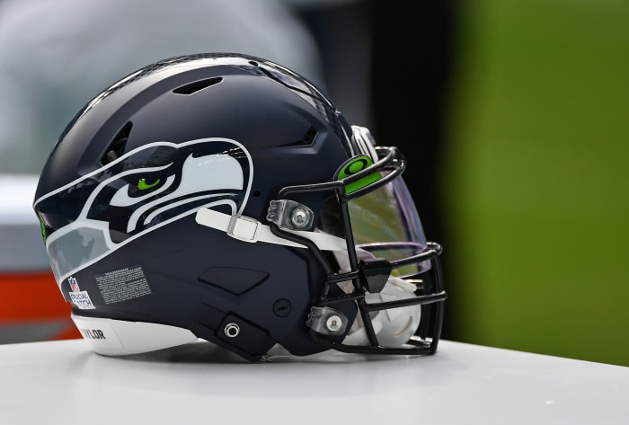 A Seahawks helmet on the team's sideline.